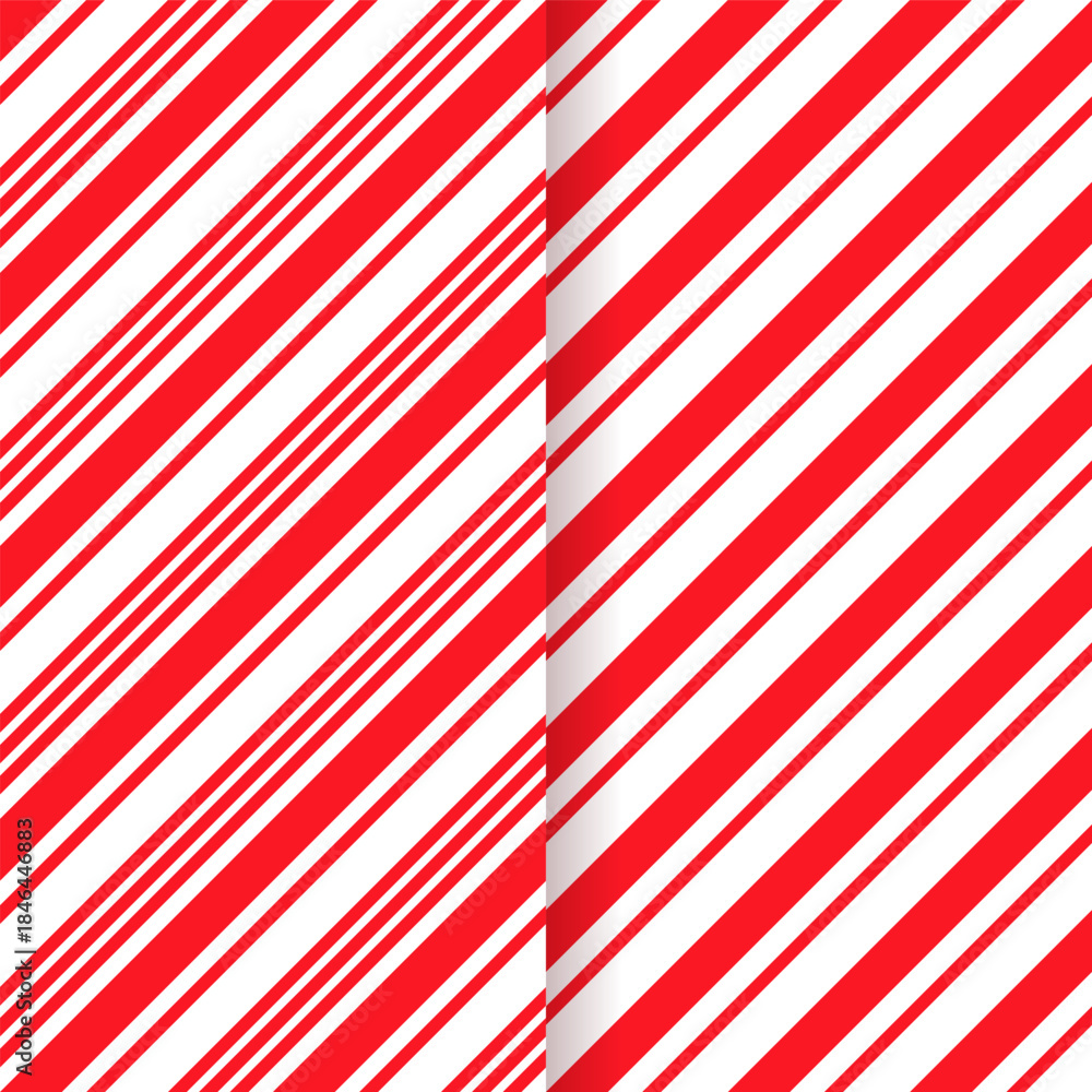 Naklejka premium Vector seamless Christmas texture. Set caramel package prints. Candy cane stripe pattern. Red peppermint wrapping paper. Xmas holiday background with diagonal lines. Geometric illustration.
