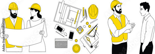 Architects, engineers, construction workers set with plans, blueprints, tools, and drawing equipment illustration