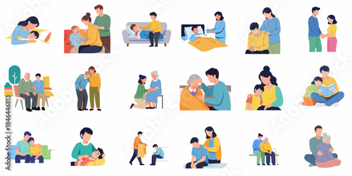 Flat Illustration Caring Family Moment and Affectionate Interaction Between Member Set