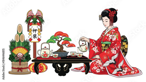 Traditional Japanese Tea Ceremony with Woman in Kimono