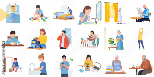 Detailed Flat Illustration of Various Person Daily Routine Activities in Home