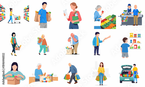 Flat Illustration Customer with Grocery Shopping at Supermarket Cartoons