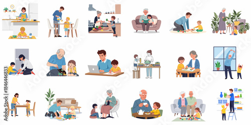 Flat Style Illustration Showing Different Family Relationships and Activities Icon