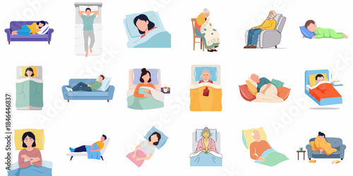 Flat Illustration Different Sleeping Position And Posture of People Various Ages