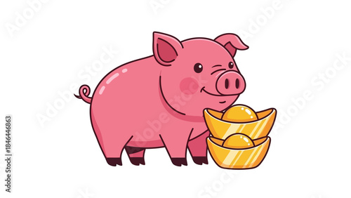 Cute cartoon pig with gold ingots on white background