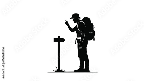 Silhouette of a hiker pausing at a trail signpost contemplating direction