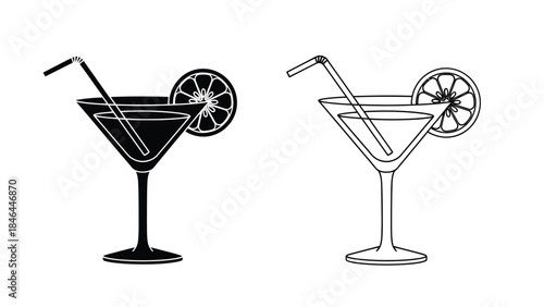Two cocktail glasses with citrus slices and straws black and white illustration