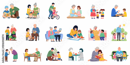 Flat Design Illustration of Happy Family Generations Spending Time Together