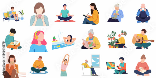 Flat Illustration of People Doing Relaxing Activities and Hobbies Set