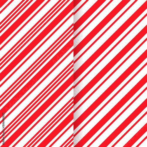 Vector seamless Christmas texture. Set caramel package prints. Candy cane stripe pattern. Red peppermint wrapping paper. Xmas holiday background with diagonal lines. Geometric illustration.