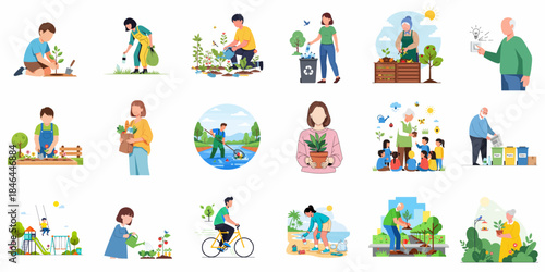 Diverse Flat Illustration of People Doing Environmental Conservation Activities Icon Set