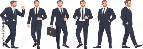 Businessman in formal suit set, man in various standing and walking poses, corporate professional character