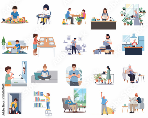 Flat Style Detailed Illustration People Doing Daily Activities at Home