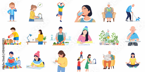 Cartoon Colorful Illustration of Daily Routine Activities and Lifestyle of People