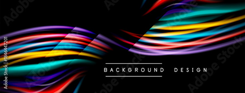 Abstract colorful waves over black background. Dynamic lines create modern visual effect. Design elements suggest energy, movement.