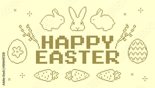 Pixel art Easter greeting with cute rabbits, eggs, carrots and festive ornaments. Retro 8-bit style illustration in soft pastel yellow and light brown tones. Seasonal design for spring celebrations