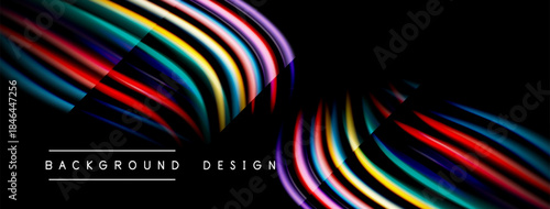Abstract colorful waves form dynamic shapes against black backdrop. Text reads background design. Modern, vibrant visual presentation.