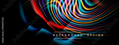 Abstract colorful lines create dynamic background. Bright curves intersect, forming modern design elements. Dark space emphasizes vibrant hues.
