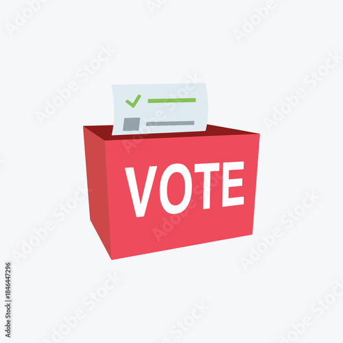 Simple graphic illustration of a red ballot box with a voting paper being inserted inside
