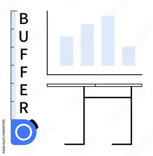 Data analysis, workflow management, progress tracking, productivity, resource allocation, forecasting. Buffer level gauge next to bar chart and desk. Data analysis and workflow management concept