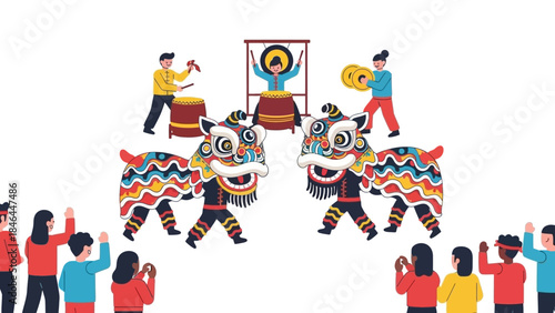 Traditional Chinese Lion Dance Performance with Musicians and Audience