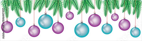 Hanging ornaments in teal and purple with lush green foliage above