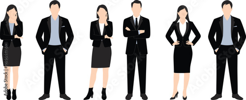Professional business people in formal corporate attire standing confidently in diverse poses, ideal for HR, workplace, and presentation visuals.