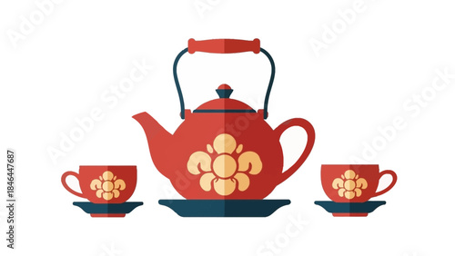 Vintage red teapot with floral design and matching teacups