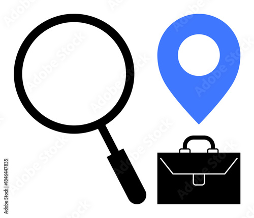 Employment search, career planning, job hunt, recruitment strategies, workforce trends, business exploration. Magnifying glass, briefcase and map pin icons. Job hunt and recruitment strategies