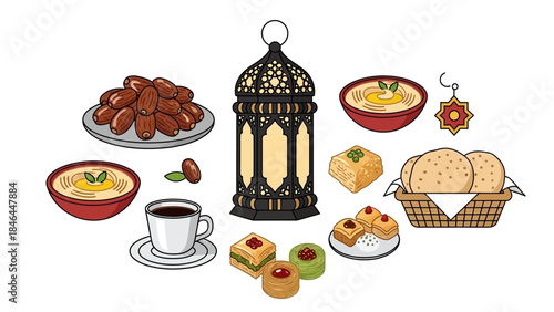 Traditional Middle Eastern Food and Lantern Illustration for Ramadan