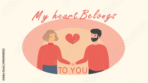 Illustration of a loving couple holding hands with a heart symbol between them, gentle pastel colors, and a soft beige background