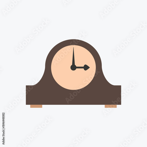 Simple brown antique mantel clock icon showing three o'clock in flat design style