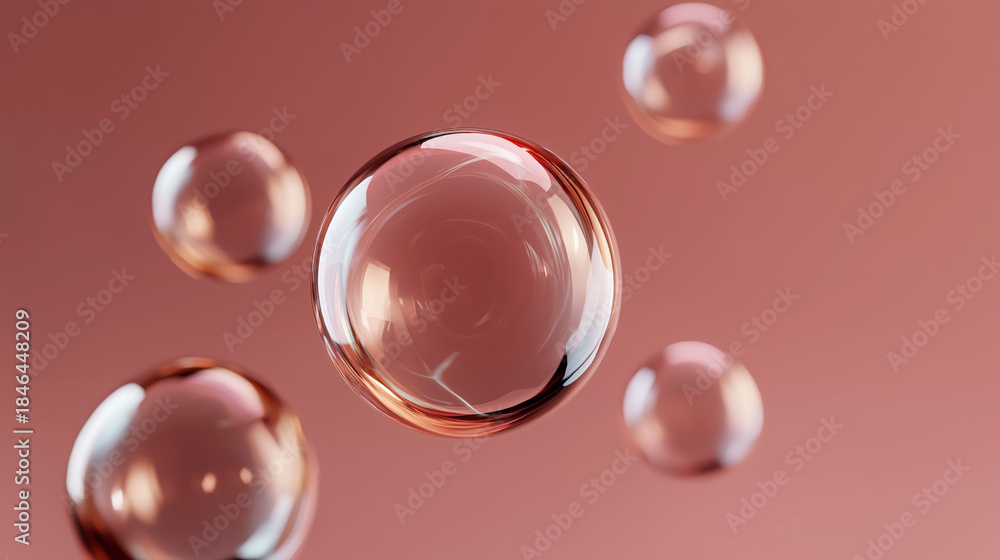 Fototapeta premium Floating glossy bubbles on soft pink background, abstract 3D rendering with reflections
