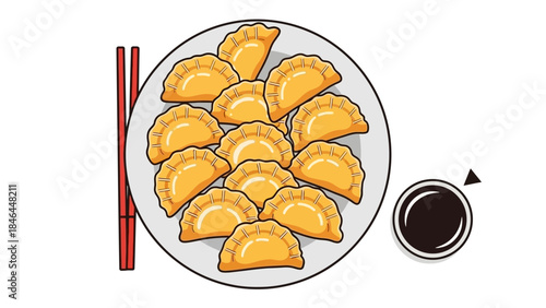 Cartoon style dumplings on a plate with chopsticks and soy sauce
