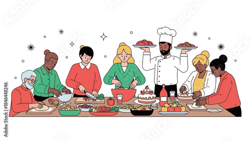 Diverse group cooking together in a kitchen with a chef