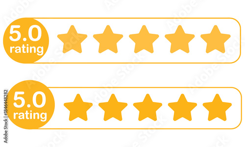 5-star icon representing customer satisfaction and quality rating, yellow five-star graphic with text, perfect for mobile apps, website layouts.