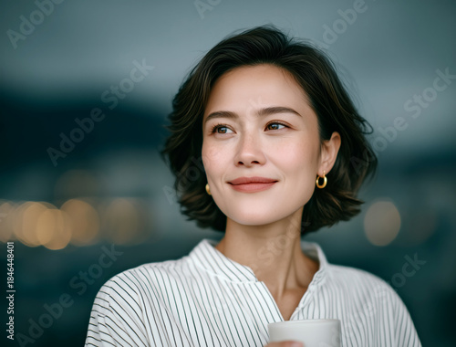 Smiling woman enjoying hot drink outdoors during golden hour, peaceful moment of relaxation