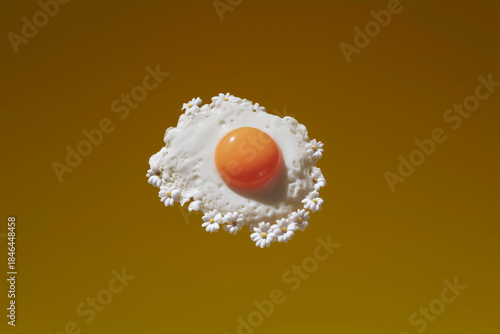 Raw egg yolk on flour pile with minimal orange background, conceptual food photography