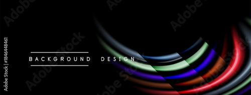 Abstract colorful lines curve across black background. Modern design elements create dynamic visual impact. Simple text labels bottom corner.