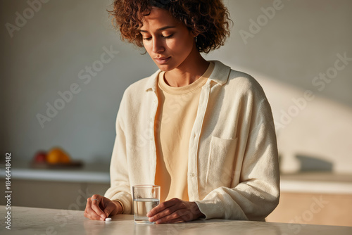 Confident woman sitting with medicine on table in minimal interior, health and wellness concept