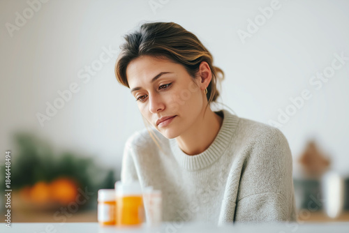 Worried young woman sitting alone at home in natural morning light, dealing with stress or mental health issues