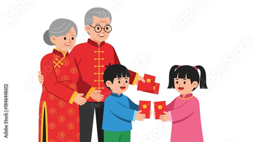 Elderly couple giving red envelopes to happy children during celebration