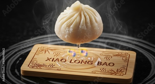 Refined Chinese Soup Dumplings (Xiao Long Bao) with Broth Drip and Carved Bamboo Name Plaque with Swirl Motifs