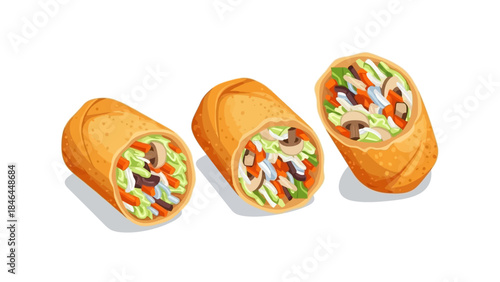 Vector illustration of three colorful burritos with various fillings