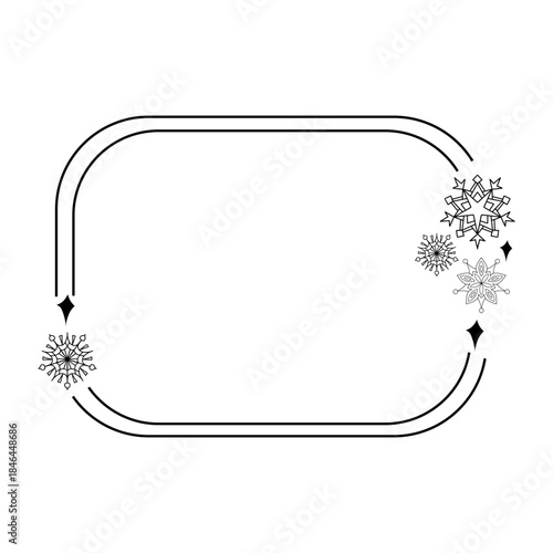 Rounded rectangular frame with a thin double line, decorated with snowflakes and sparkles in one corner. A winter template for text or greetings.
