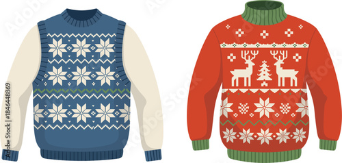 Two ugly Christmas sweater set, knitted holiday clothes with reindeer, snowflake, and pine tree patterns