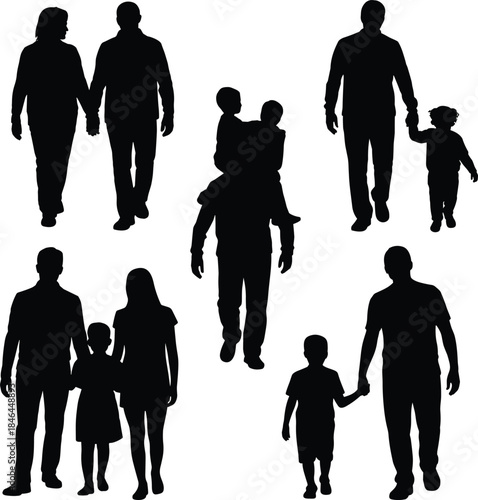 Silhouettes of Six Family Groups Depicting Parent-Child Interaction, Care, and Togetherness in Walking and Standing Poses