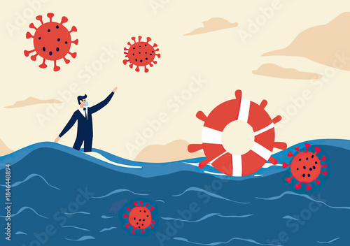 Businessman in suit struggling in rough ocean with red life buoy surrounded by floating coronavirus particles symbolizing COVID-19 crisis and economic survival concept vector illustration