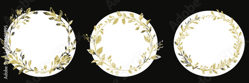 Set of three elegant gold floral wreath frames with delicate leaves and branches in minimalist flat vector style on black background perfect for wedding invitations and luxury design