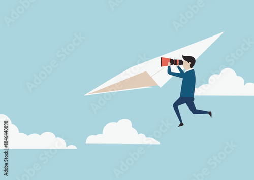 Businessman flying paper airplane using binoculars searching future opportunity vision concept flat minimalist vector illustration